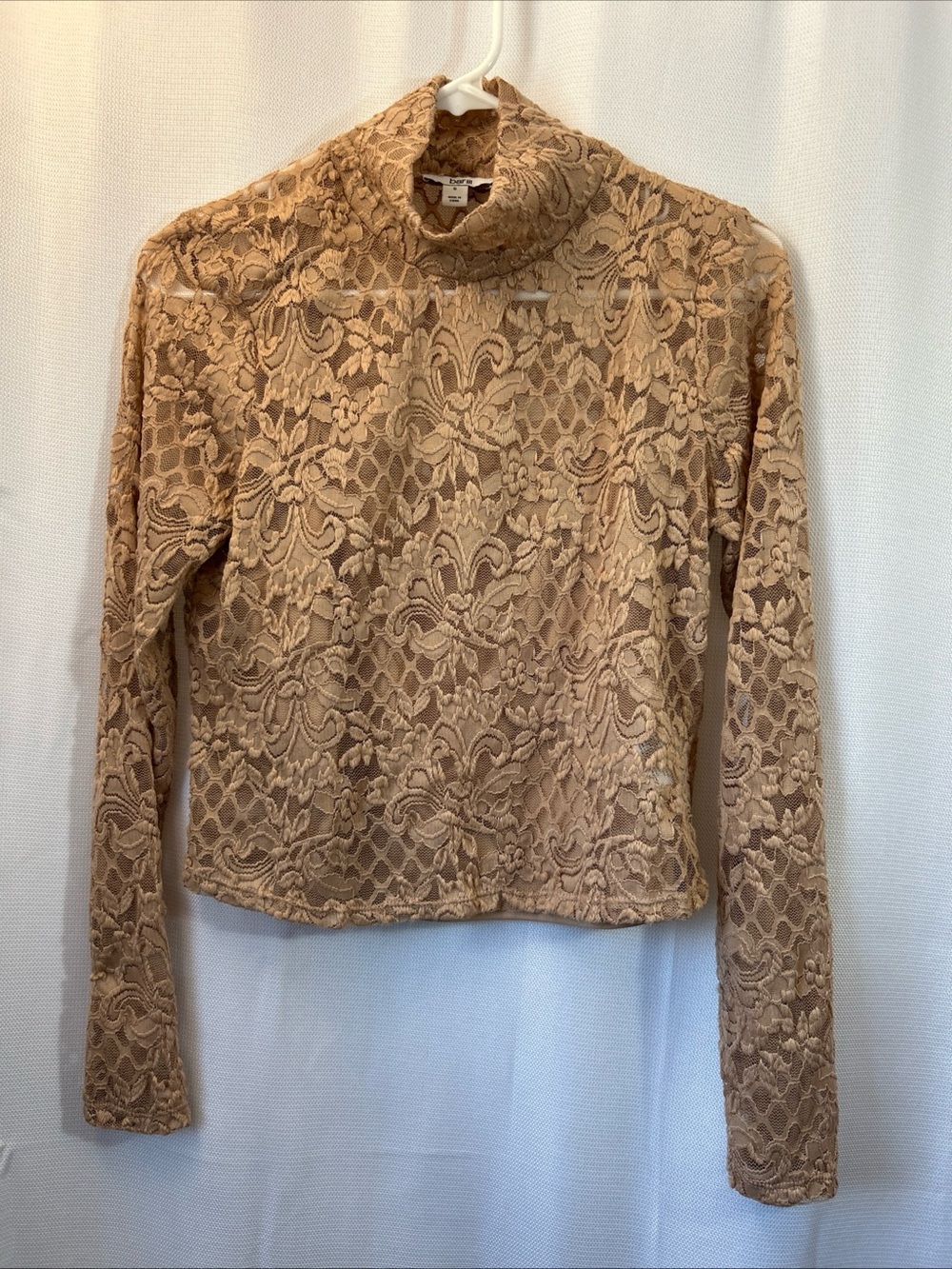 Bar III Beige Lace Mock Neck Long Sleeve Top